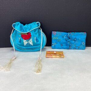 Vintage Silk Satin Asian Embroidered Accessory Bags Lot of 3
